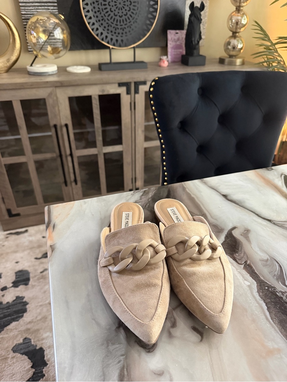 Steve Madden Women's Beige Suede Chain-Trim Pointed Mules